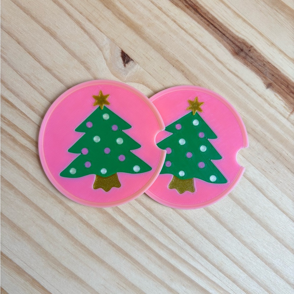 Pink Christmas Tree Truck/Car Cup Holder Coasters (set of 2) Customizable size